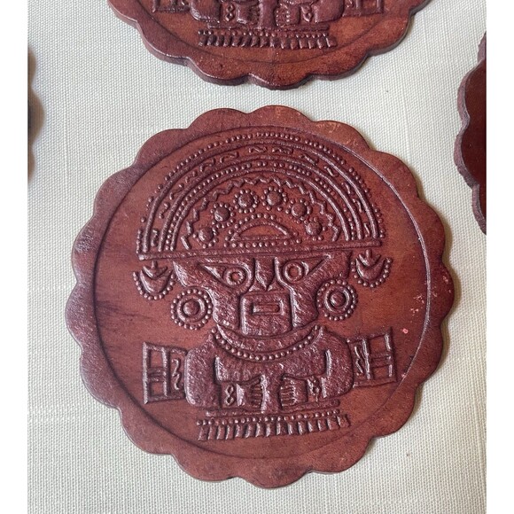Artisan Hand-Tooled Embossed Peruvian Leather Coasters Set of 6 w/ Holder VTG - Picture 2 of 12